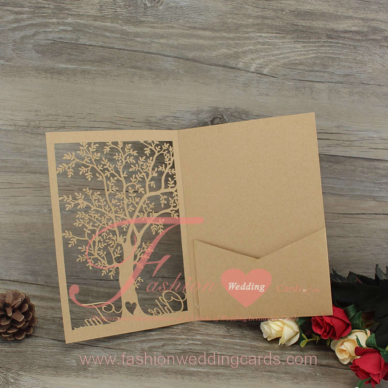 Vintage Pocket Wedding Invitation Laser Cut Tree